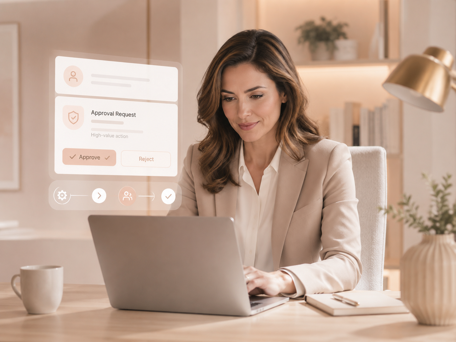 Business professional reviewing and approving a high-value workflow action