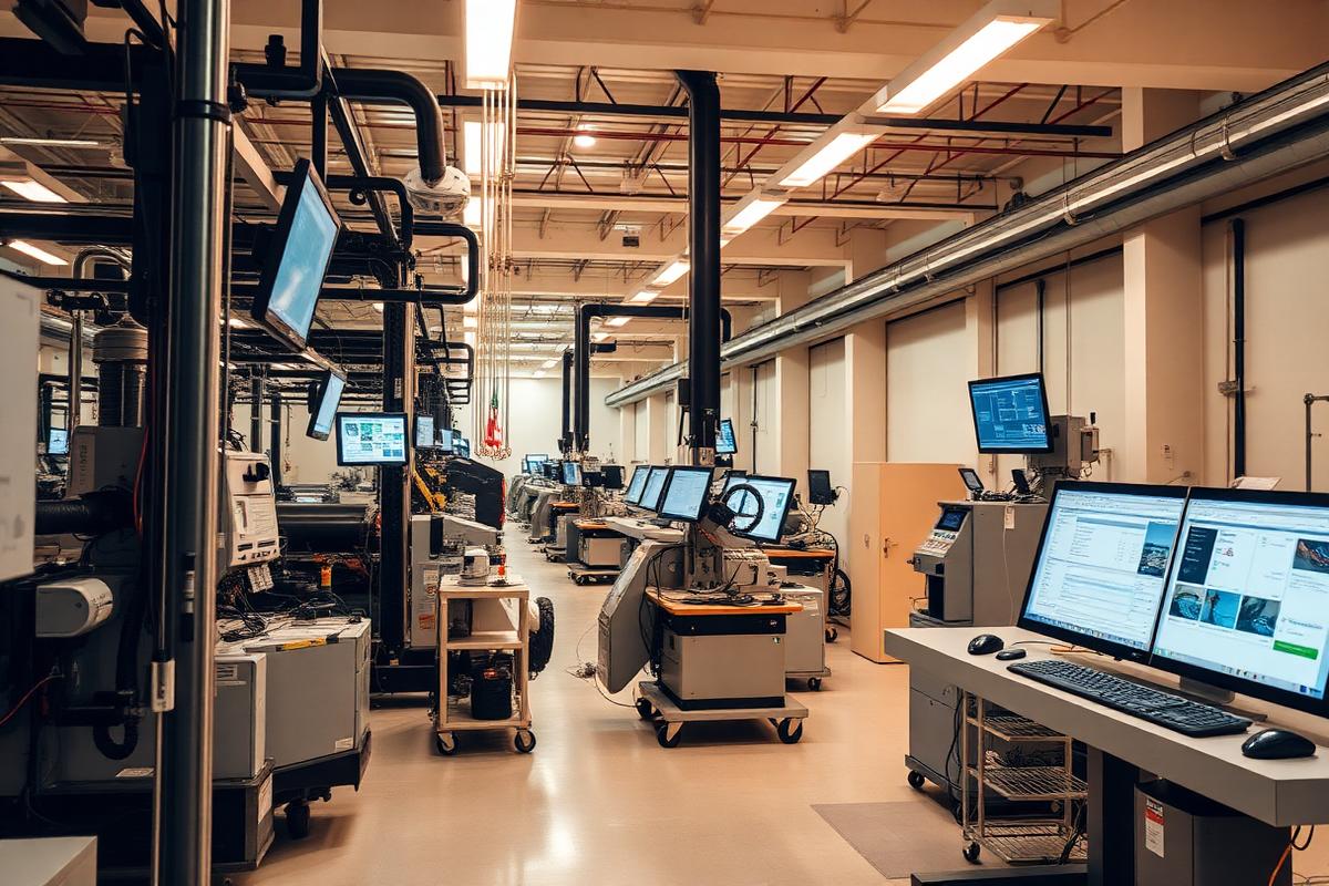 Modern production floor with operations screens
