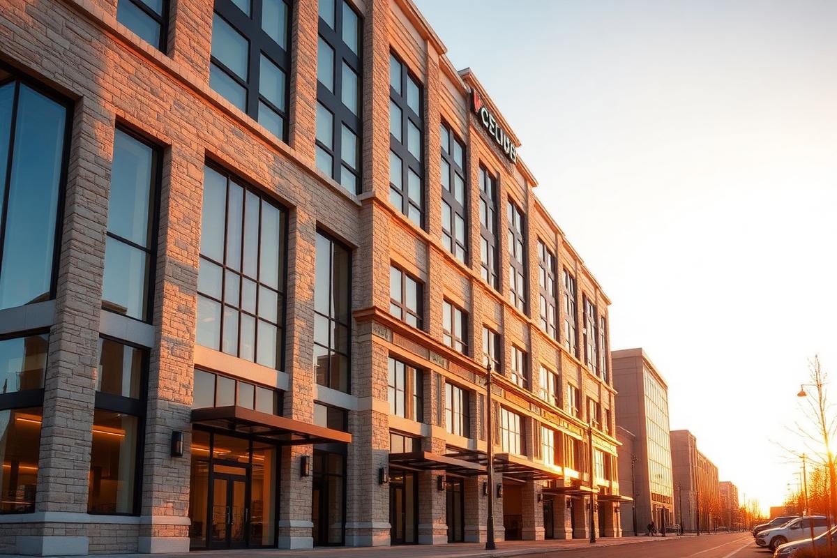 Premium commercial property exterior at golden hour
