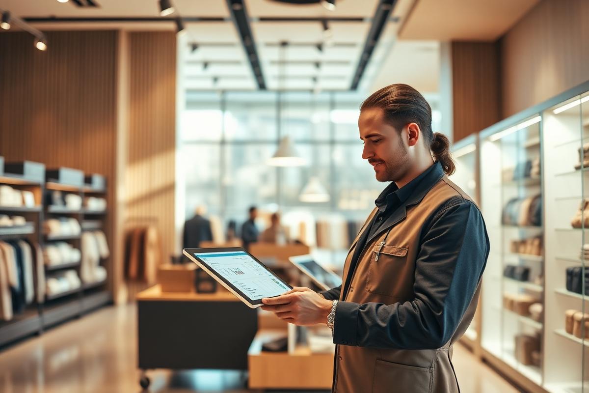 Retail team reviewing live inventory on a tablet in a modern store