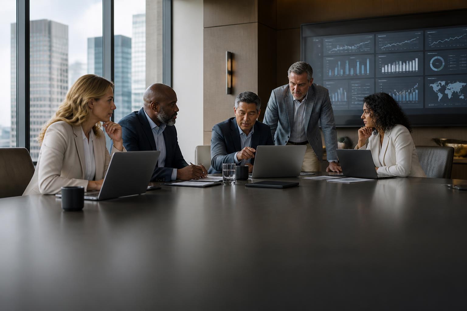 US executive leadership team reviewing connected enterprise operations